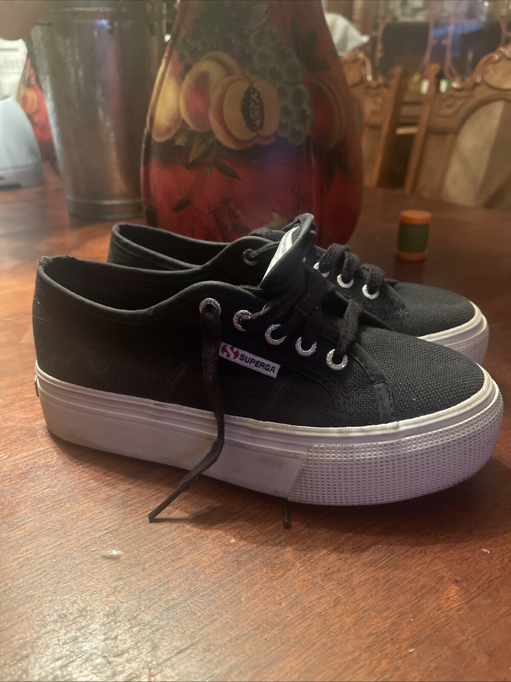 Superga Platform Women's Sneakers Shoes Black Canvas White Thick Soles size 6.5M